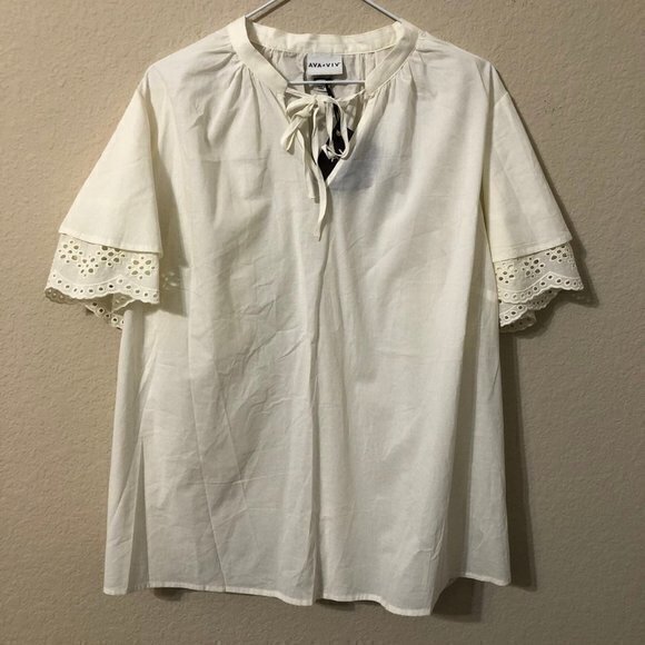Ava & Viv Top Eyelet Tie Front Shirt Trendy Boho - Picture 1 of 7